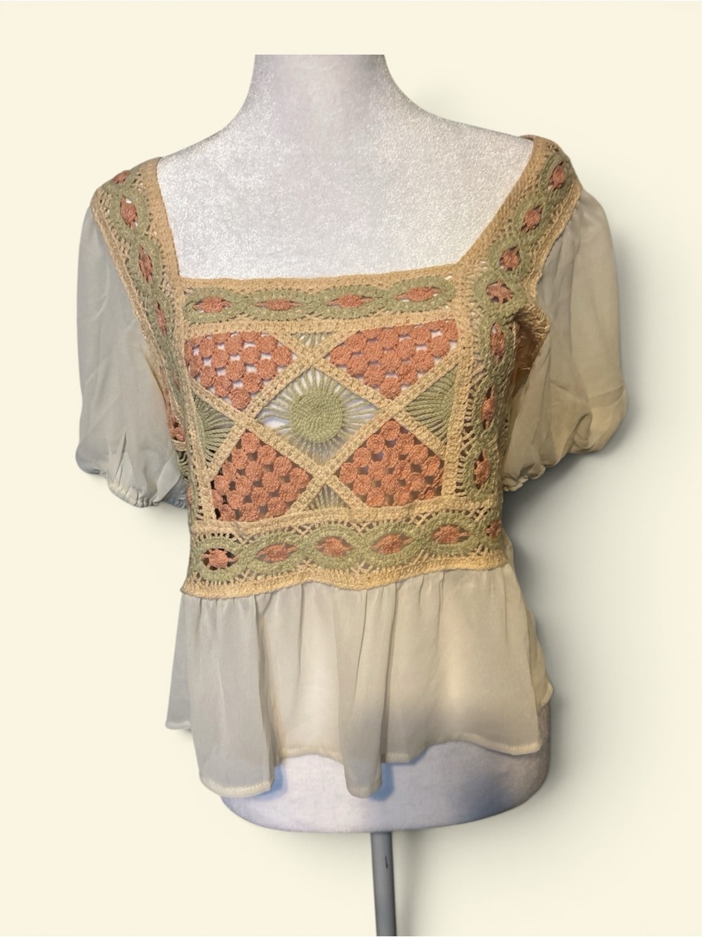 Crochet-Accent Peasant Blouse in Cream and Peach
